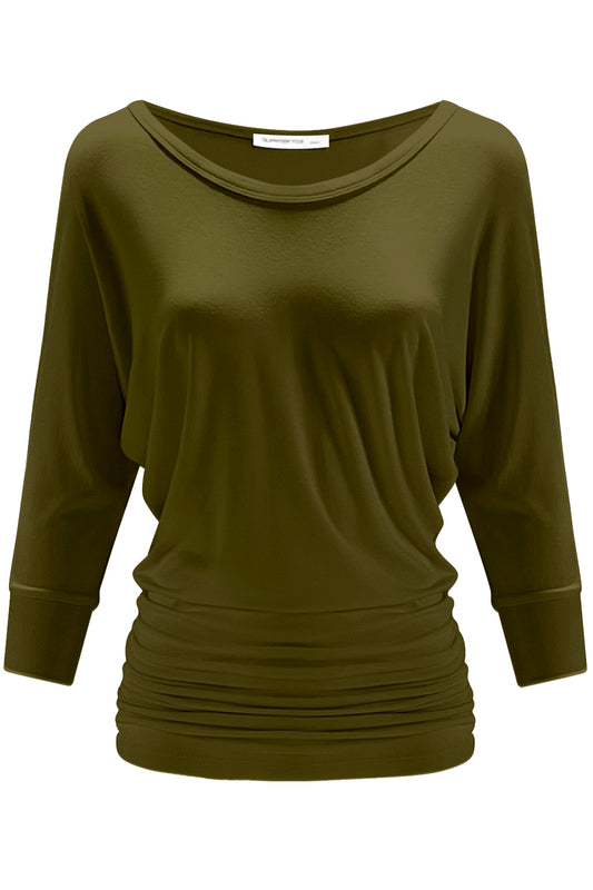 PLUS WOMEN'S V NECK 3/4 SLEEVE SHIRRING DOLMAN TOP