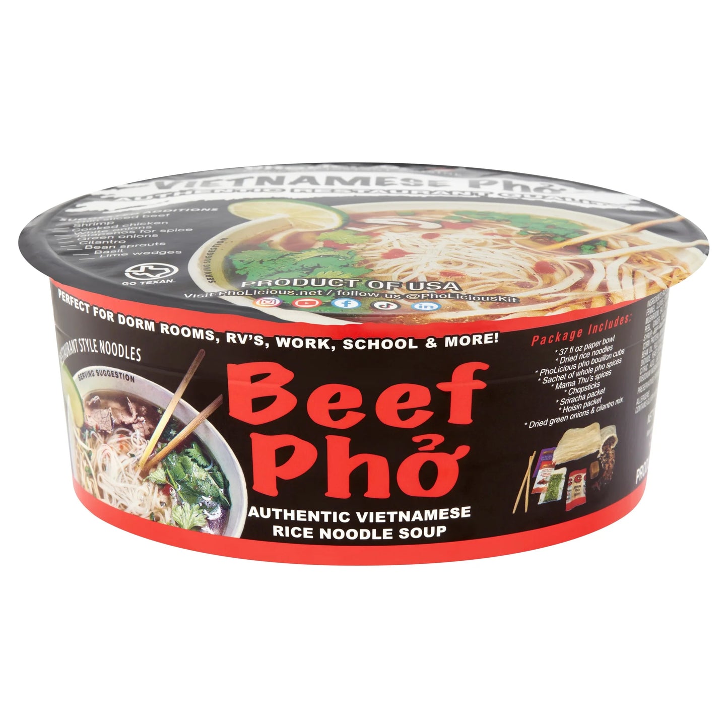 Instant BEEF Pho Pholicious, Vietnamese Rice Noodle Soup, 4 pack / 3.6 Ounce Bowls, Ramen